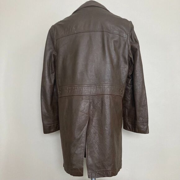 Vintage 1980s Brown Leather Pea Coat Trench Style Overcoat - Mens Size M/L - Picture 2 of 10